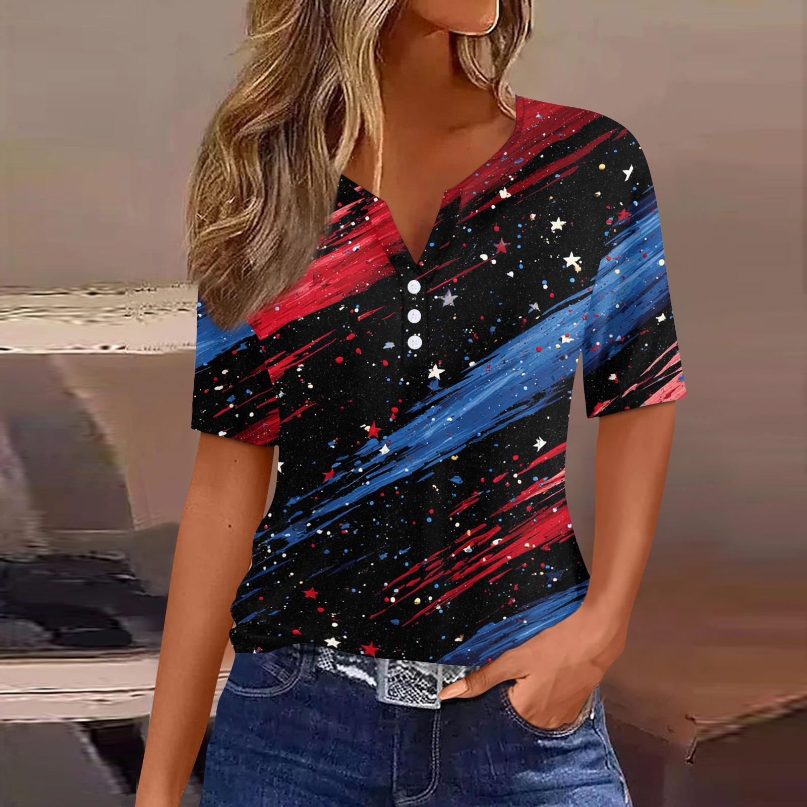 

Women s T Shirt Independence Day Print Button Short Sleeve Daily Weekend Fashion Basic V- Neck Regular Top L чёрный