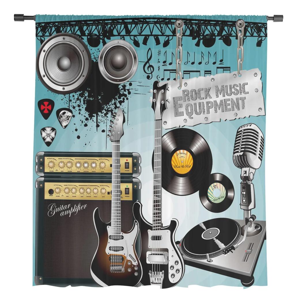 Rock Music Speaker Guitar Tulle Sheer Curtains for Living Room Decoration Window Curtain for Bedroom Voile Organza Drapes