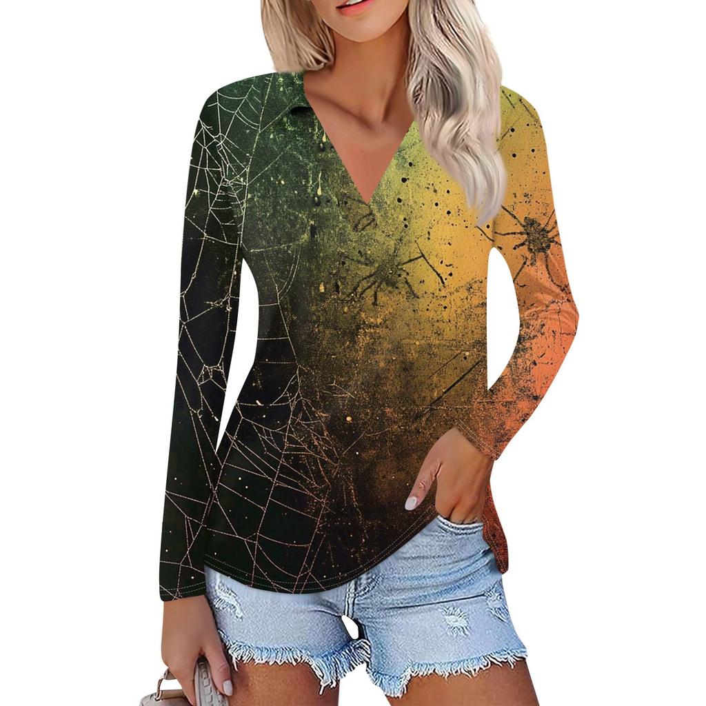 Women's Summer Fashion Casual Printed V-Neck Long Sleeve Shirt Top