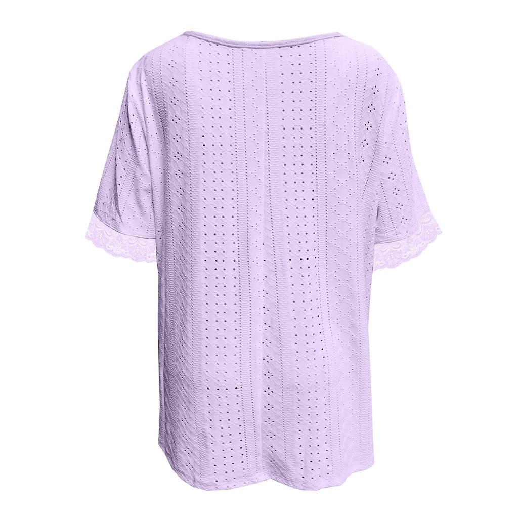 Women's Solid Color V-neck Loose Short Sleeved Pleated T-shirt Top