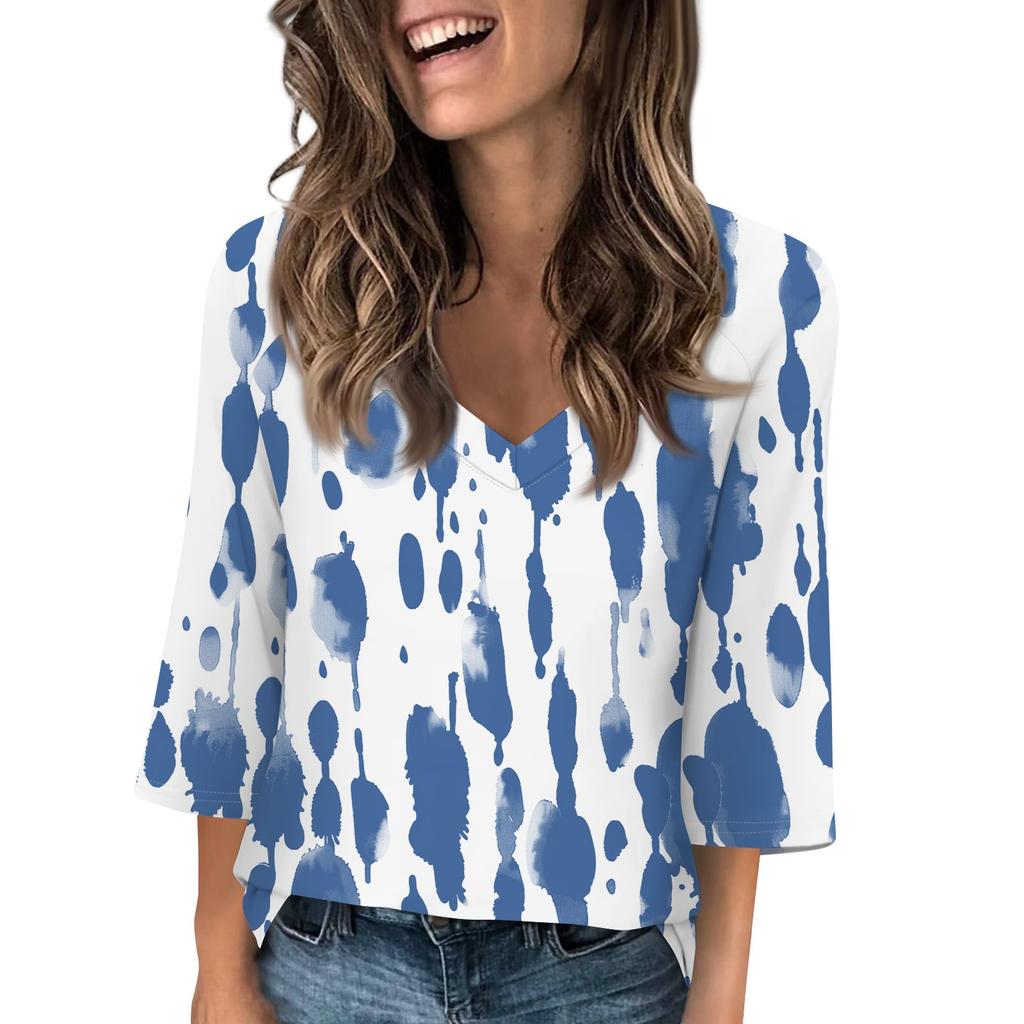Women's V Neck 3/4 Sleeve Tops Casual T Shirts Basic Summer Tees Loose Pullover Top