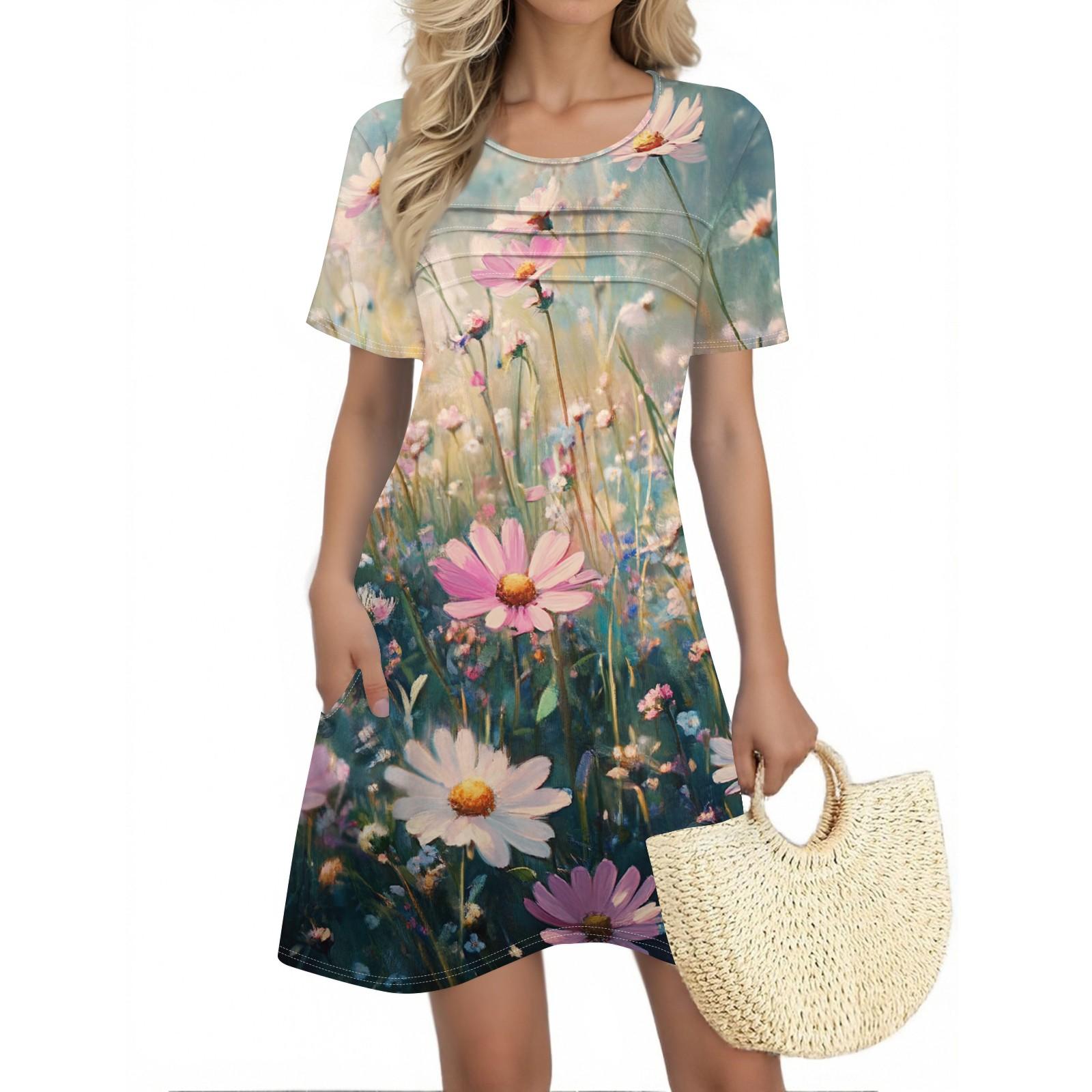 

Women s Summer Dresses Women s Summer Floral Print Dresses Short Sleeve Round Tie Pocket Casual Dresses L