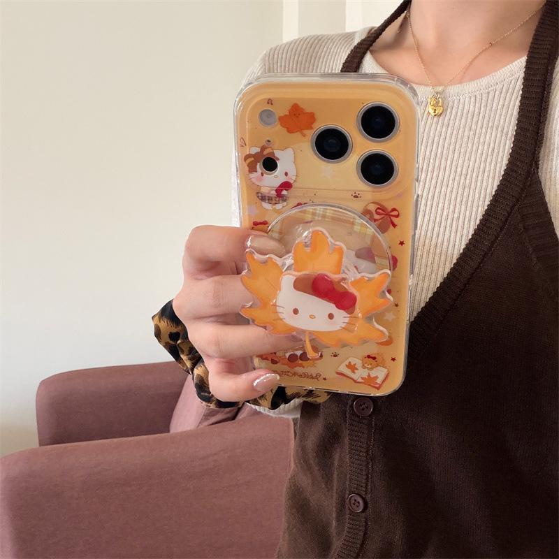 Winter Maple Leaf Magnetic Cat Phone Case for iPhone 14/15/16 Pro Max/17 - Girly Design