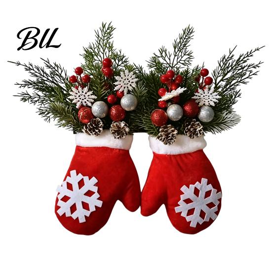 Festive Glove Shaped Decor Christmas Mitten Door Hanger, Red White Ornament with Pine Cone Berries, Party Decorations Fabric Holiday Wall for