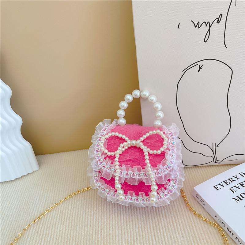 2025 new girls pearl handbag cartoon cute bow princess shoulder bag lace small satchel