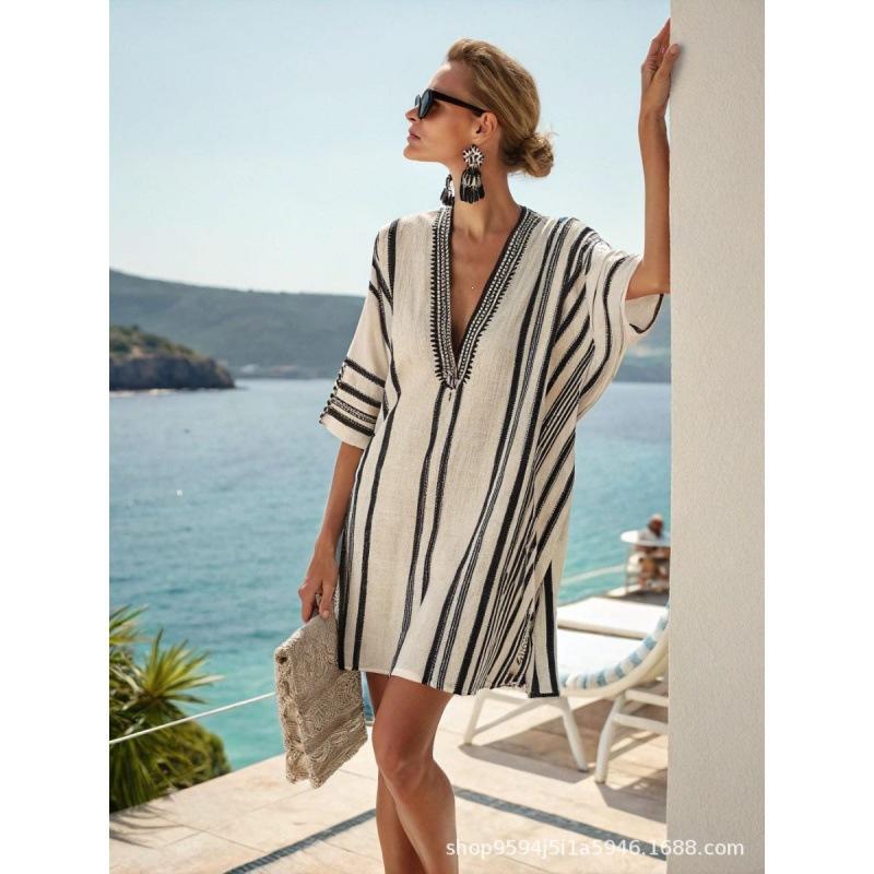 2026 women's V-neck dress seaside vacation 3D printing loose skirt beach