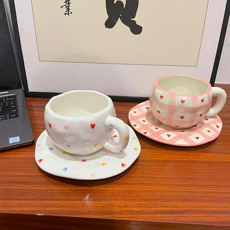 Korean Ins Style Hand-painted Love Ceramic Cup and Saucer Couple, Underglaze Color Irregular Coffee Cup and Saucer Afternoon Tea