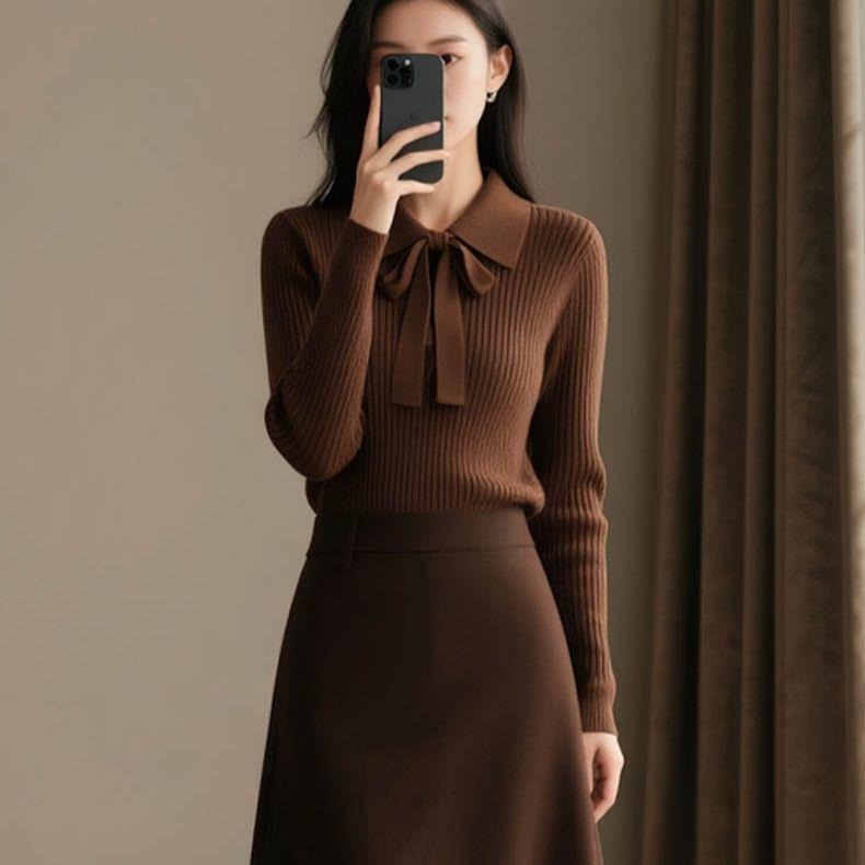 Women's French Style Bow Top and Skirt Two-Piece Winter Set