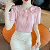 Gentle Wind Pink Bow Chiffon Shirt Women's Spring and Summer All-match Puff Sleeve Temperament Blouse Small Shirt