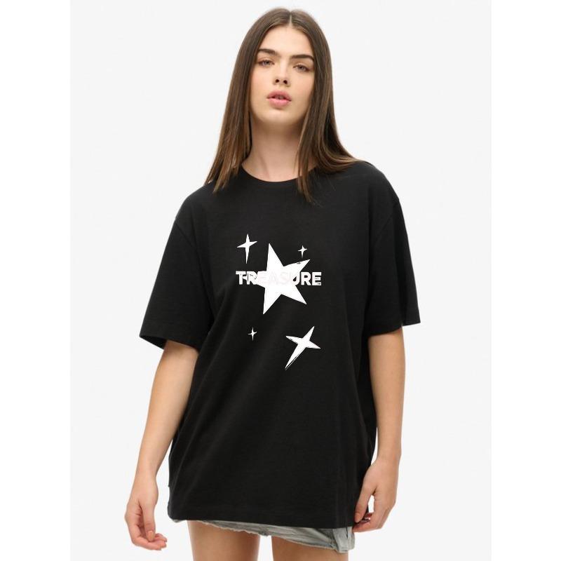 

Black Oversized T-Shirt With Star Print And Treasure Text For Casual Wear XXXXL чёрный