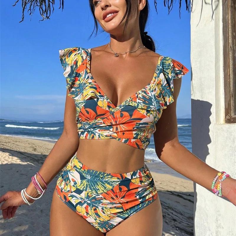 2025 European and American New Split Swimsuit Women, Sexy Ruffle Edge Backless Bikini Bikini