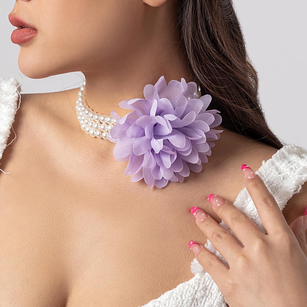 Chiffon handmade flower choker necklace, vintage beaded imitation pearl flower necklace for women, jewelry
