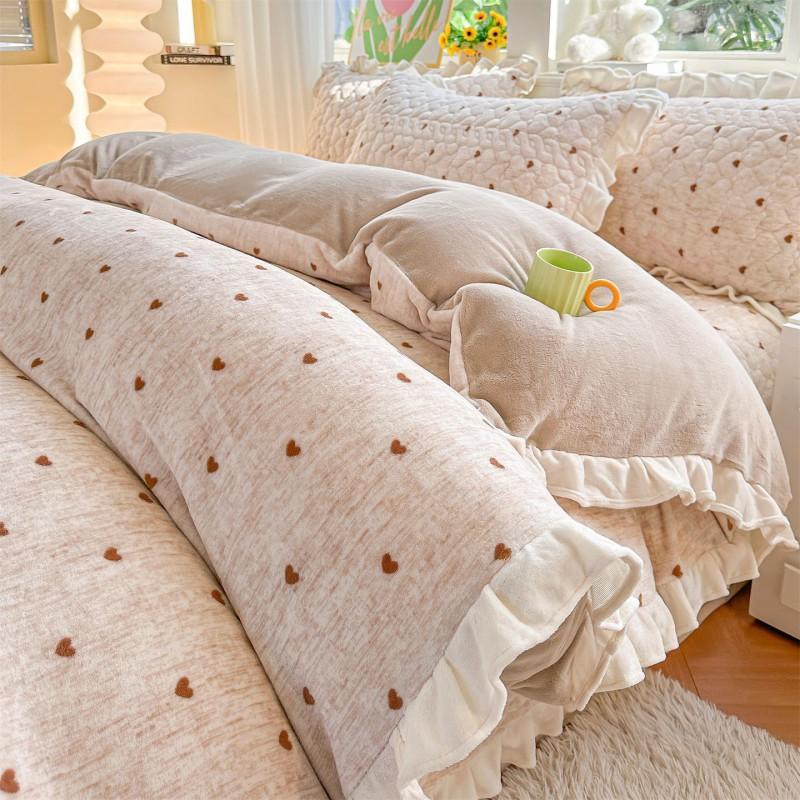 Thick Warm Milk Coral Fleece Bedding Set Floral Bedspread Quilt Cover Lace Trim Home