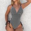 Women One Piece Set Swimsuit Striped Print Backless Puch Up Sexy Women's Swimwear Bandage Ruched Female Bathing Suit Beachwear