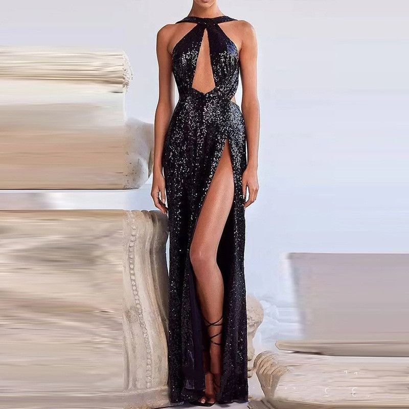 

Sexy Dress New Arrival Classy Black Paillette Sexy Backless Slit Slimming Dress Evening Dress Party Toast Black S