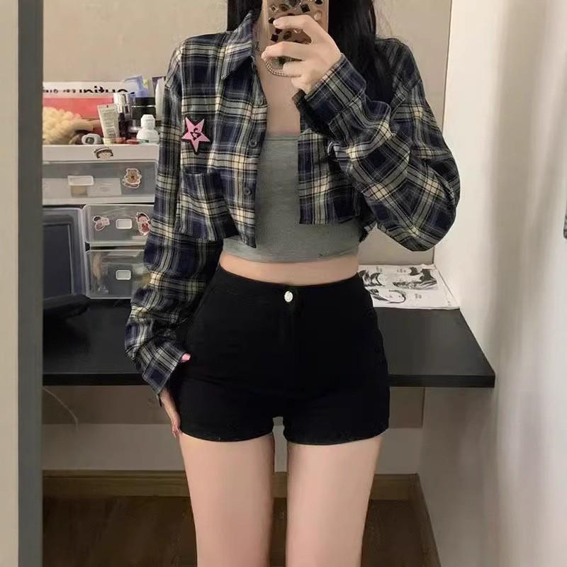 Women s High-Waisted Black Stretchy Denim Shorts - New Summer Slimming A-Line Hot Pants Black L