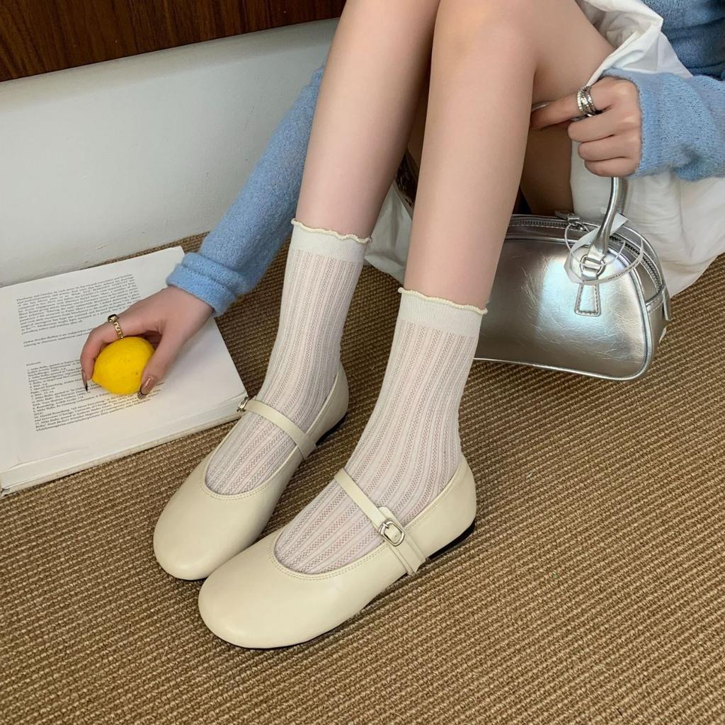 2025 Spring New Korean Version Mary Jane Shoes Women's Retro Shoes Niche Design Flat Bottom One-word Buckle Shallow Mouth Single Shoes