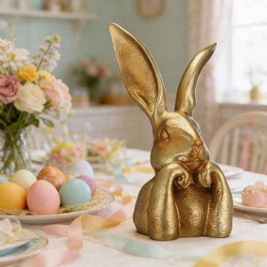 Easter Bunny Figurine Golden Resin Rabbit Statue Cute Bunny Holding Face Tabletop Ornament for Spring Tiered Tray Shelf Table Centerpiece