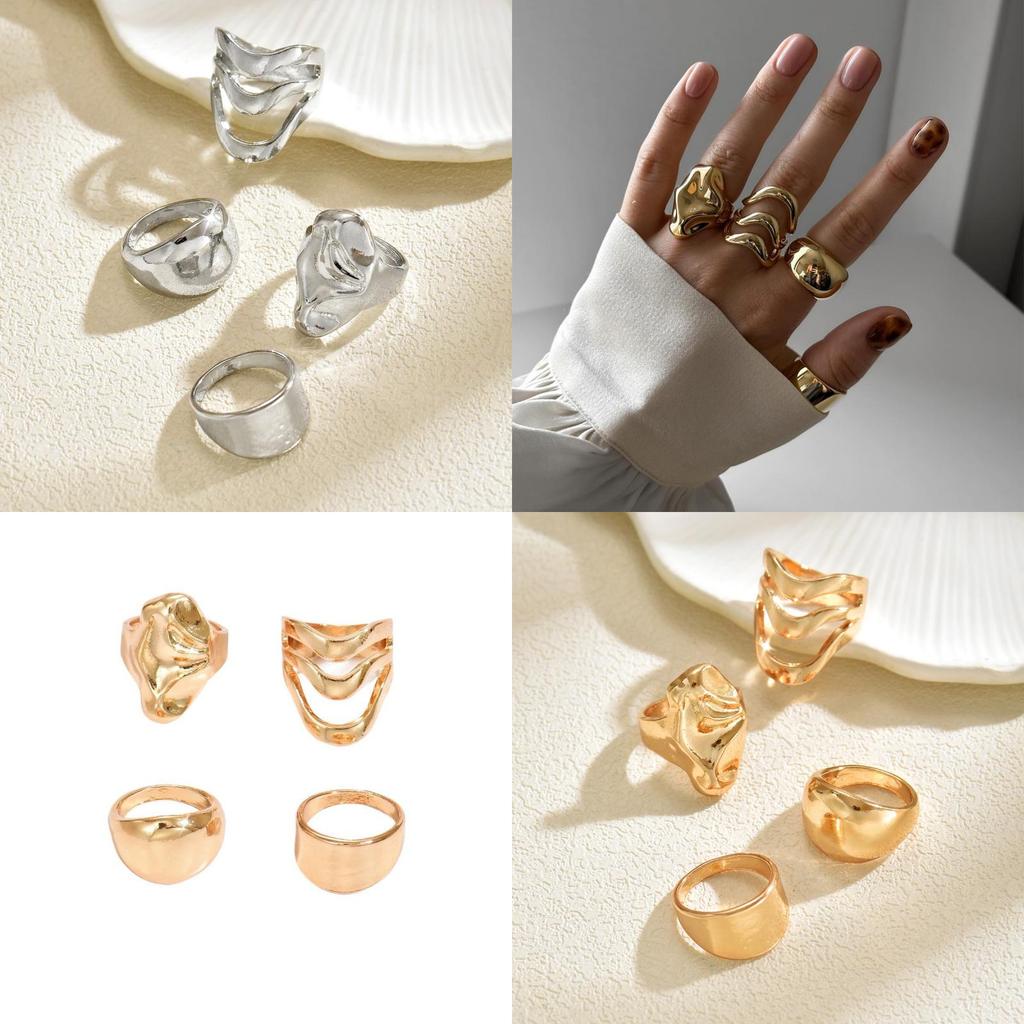 Vintage Geometric Zinc Alloy Ring Set With Fluid Lava Lines For Women Autumn