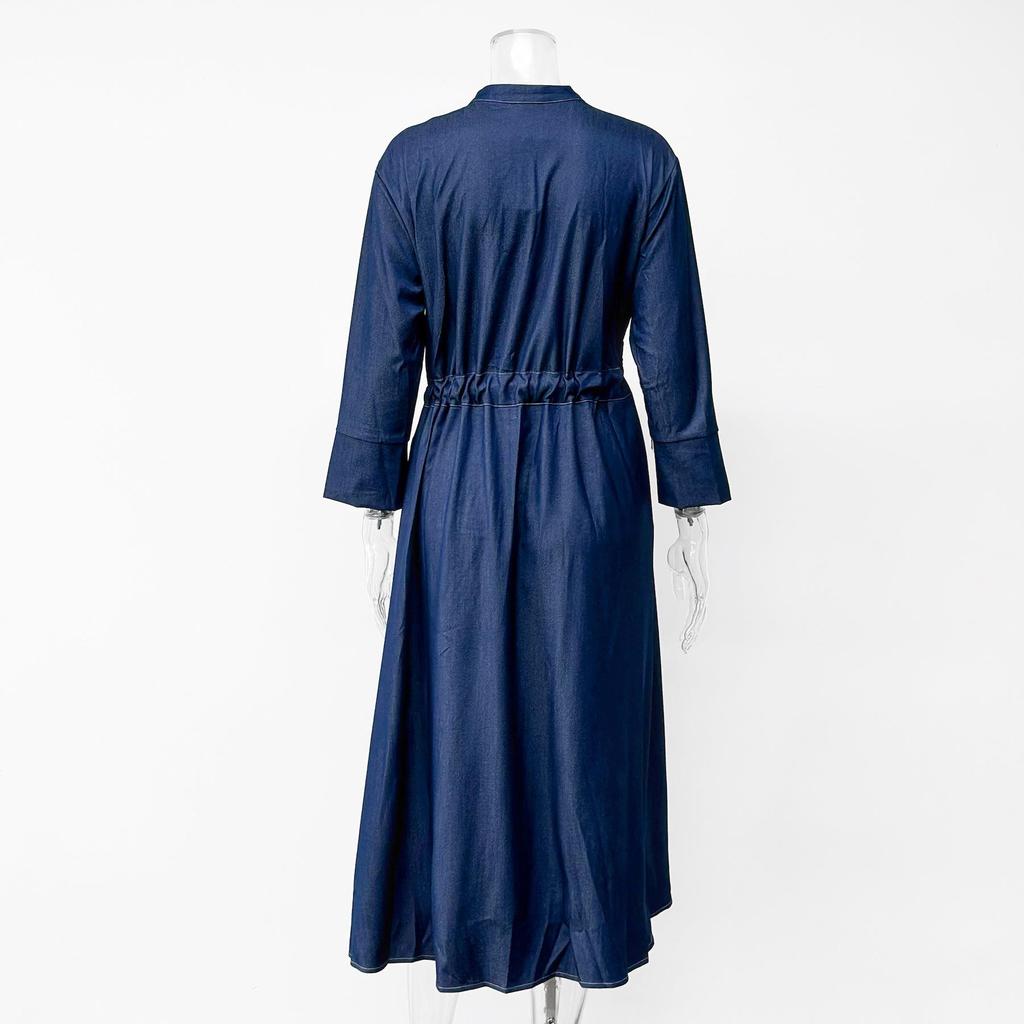 Seven-Sleeve Stretch Denim Maxi Dress with Stand-Up Collar and Hidden Buttons - Autumn 2025 Women's Wear