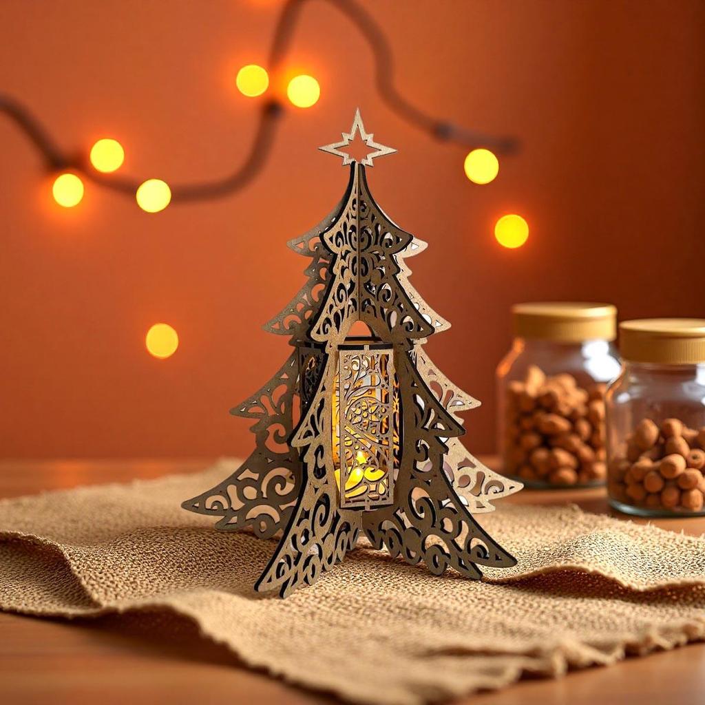 Christmas Tree Lantern Wooden Candlestick Table Lamp - Festive Home Decoration Ornament
