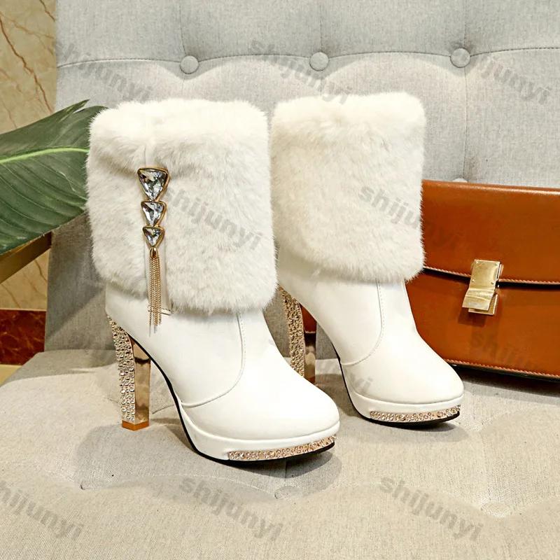 Women Rhine-diamond High Heel Ankle Boots Winter Fashion Pointed Toe Thick Heel New Fashion Dress Chelsea Botas Stilettos Pumps