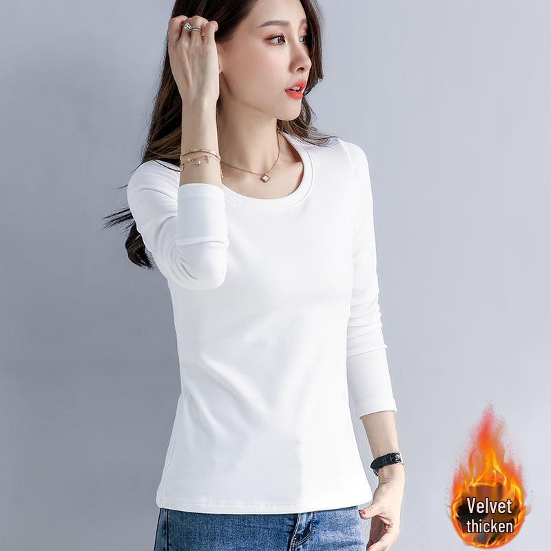 Women's Black Slim Fit Long Sleeve Thermal Top - Plush, Thickened for Warmth, Autumn/Winter 2025.