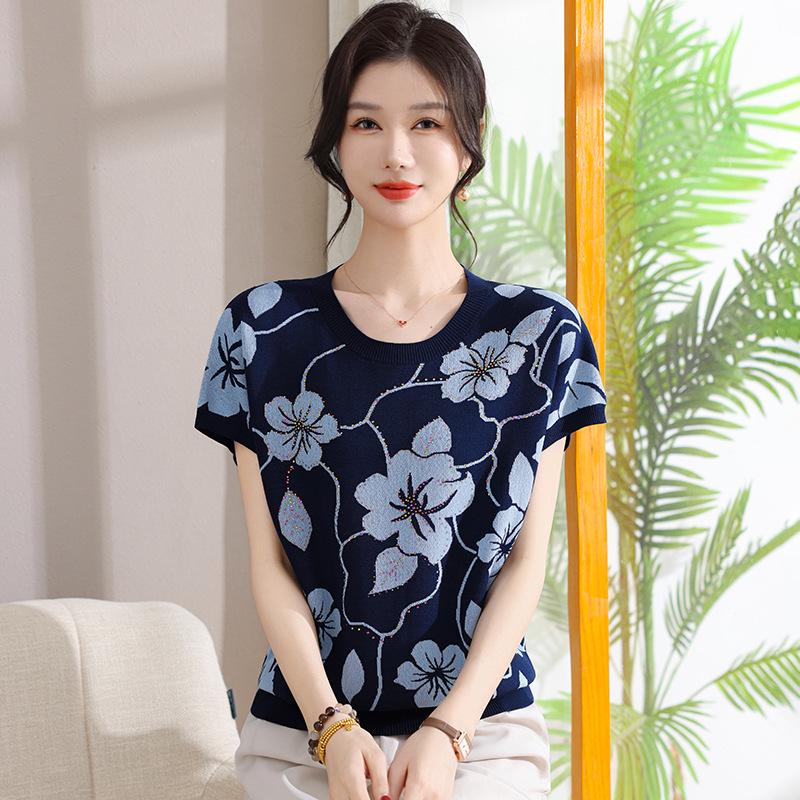 

Mom s Plus Size Jacquard Ice Silk Knit Top - Short-Sleeved Mulberry Silk Shirt for Middle-Aged and Elderly Women L (80-100 lbs recommended) темно-синий
