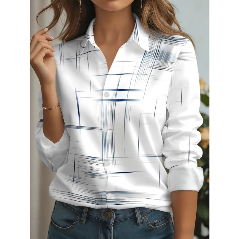 New women's long-sleeved shirt with abstract pattern print composed of interlaced blue and gray lines