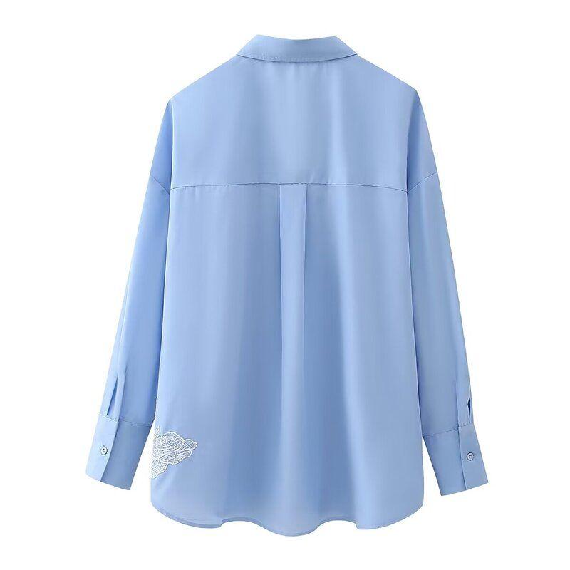 2024 Spring New Women's Clothing Loose Long Sleeves Embroider Flower Decorative Poplin Shirt Tops 2376255 406
