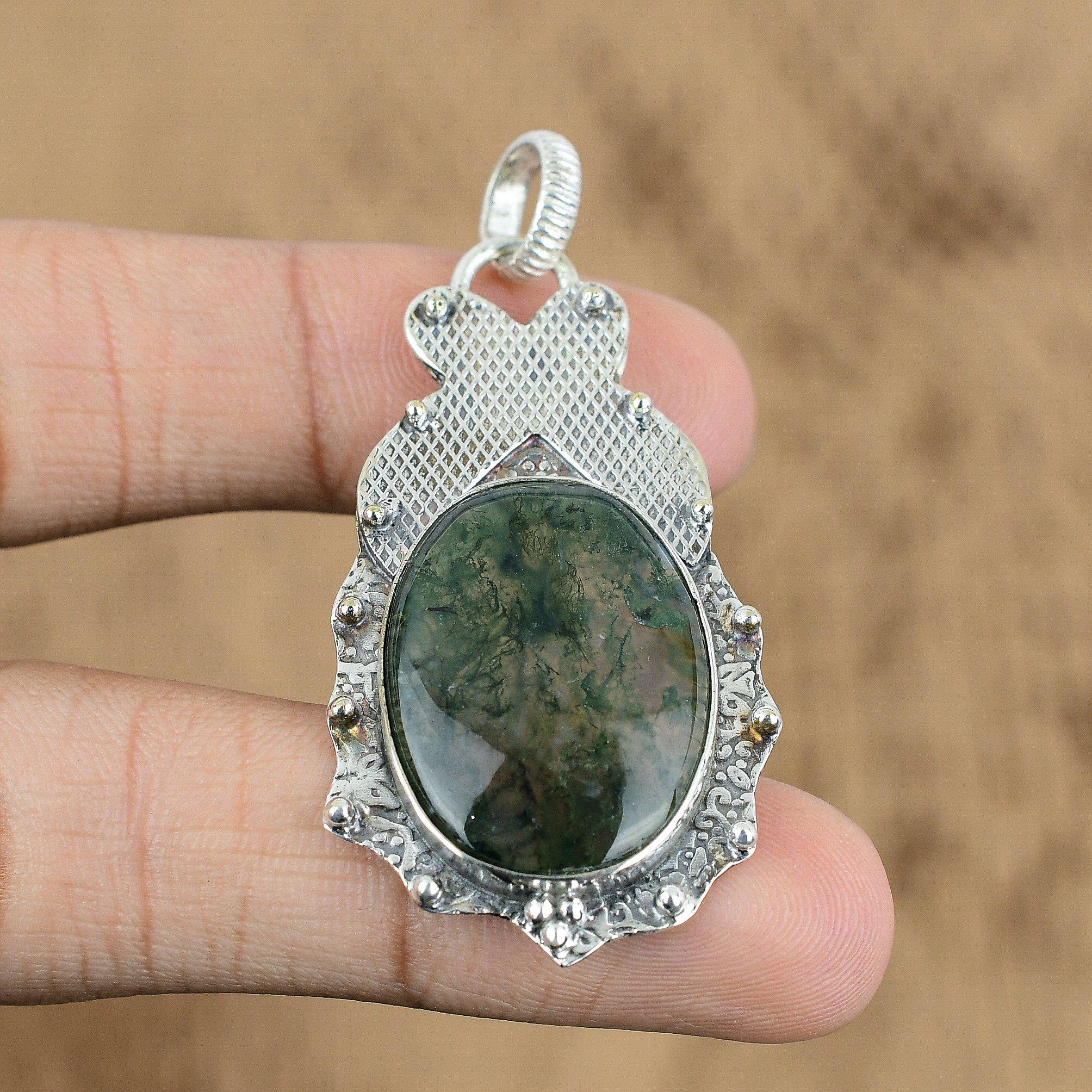 

Wedding Gift For Her 925 Silver Natural Solar Moss Agate Gemstone Pendant