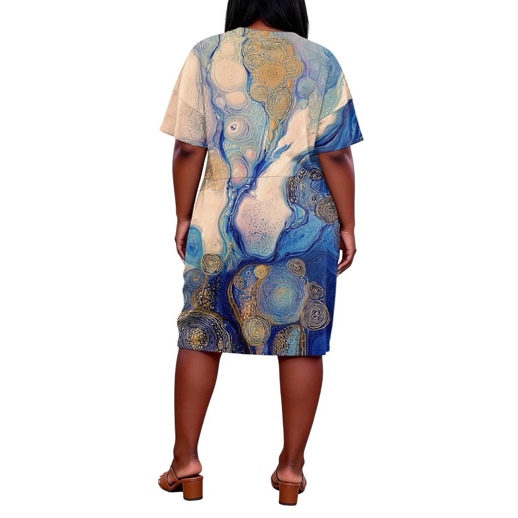 Letní nadměrné velikosti V výstřih krátký rukáv ke kolenům kapsa potisk ležérní šaty pro ženy