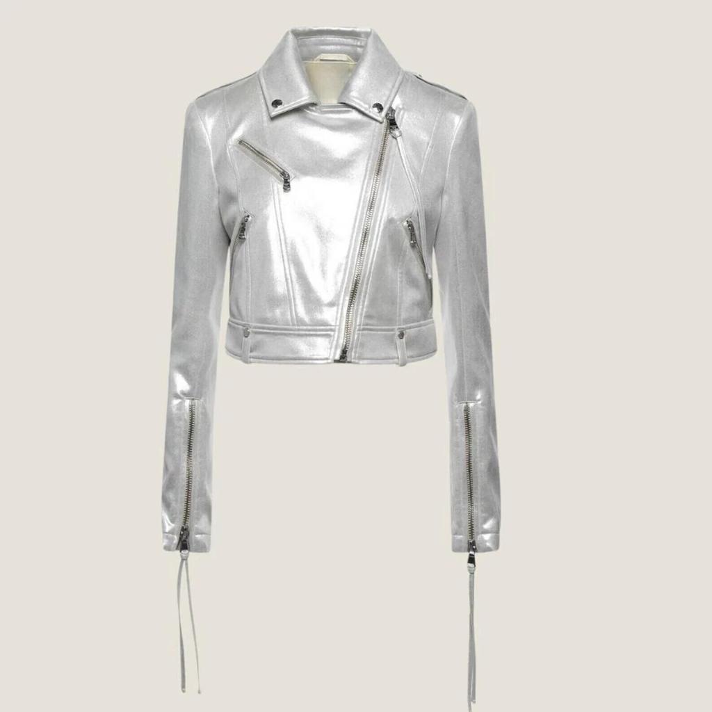 Handmade Casual Soft Motorcycle Biker Lambskin Stylish Women's Leather Jacket Silver