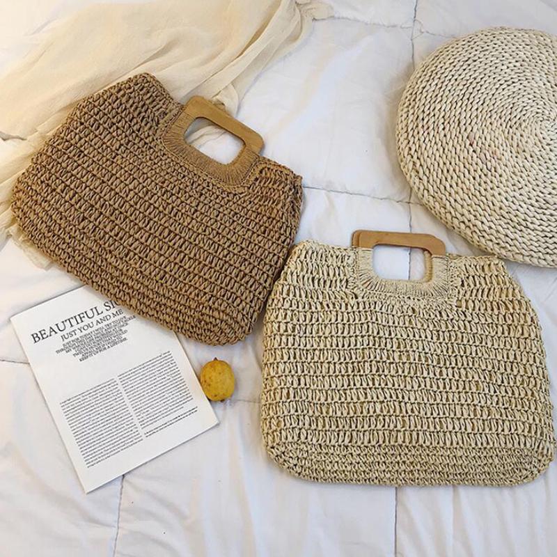 Geantă de plajă din paie pentru femei boeme noi de vară, mâner din lemn, genți de mână mari din paie, geantă lucrată manual