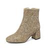 Women's Short Boots Autumn and Winter Grit Metal Sequins Women's and Ankle Boots Gold Silver Thick Heel High Heel Round Head Women's Short Boots