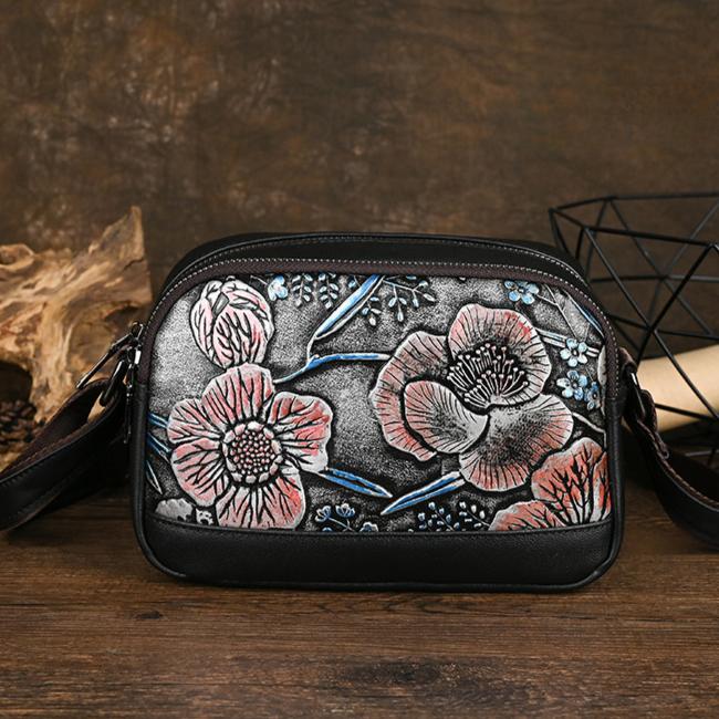 Johnature Genuine Leather Retro Embossed Women Bag Versatile Hand Painted Cowhide Shoulder & Crossbody Bags