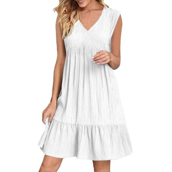 Summer Cotton Linen Dress for Women Casual Sleeveless V Neck Mini Tank Dress Tiered A-line Flowy Beach Sundress