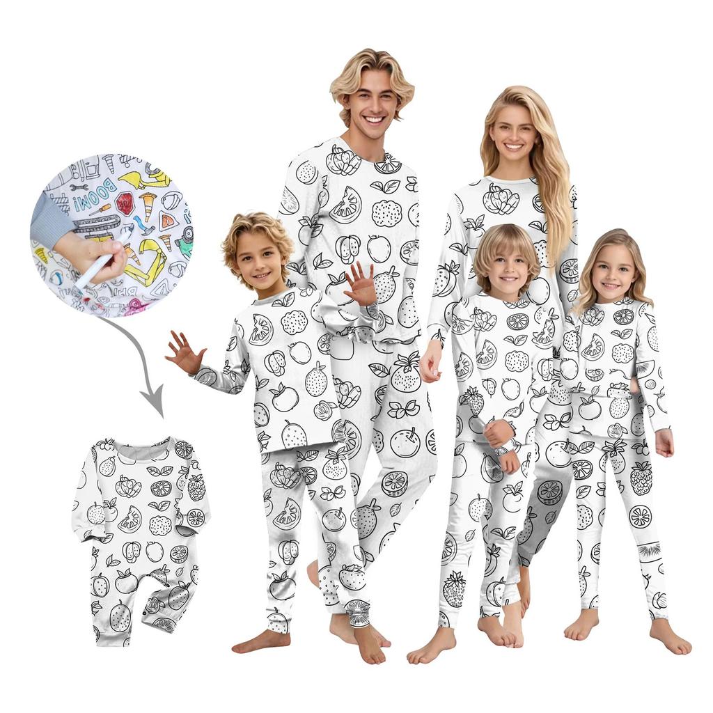 Handbemaltes Eltern-Kind-Outfit - Aufdruck Rundhals Eltern-Kind Langarm Lange Hose Hausanzug Anzug