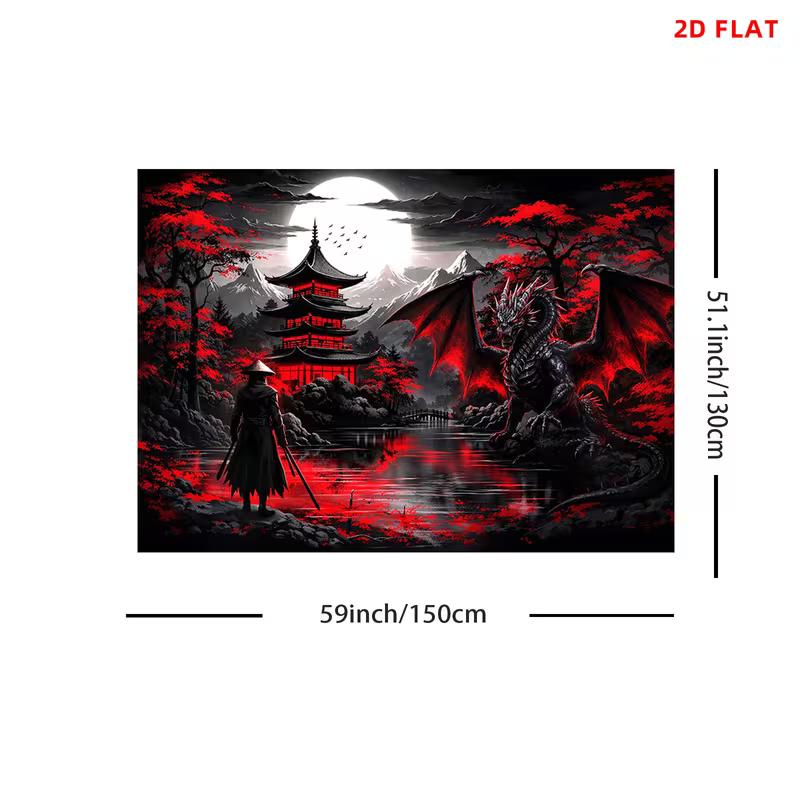 Appeso a Parete Estetico 2D Rosso Nero Samurai e Drago Scena Notturna
