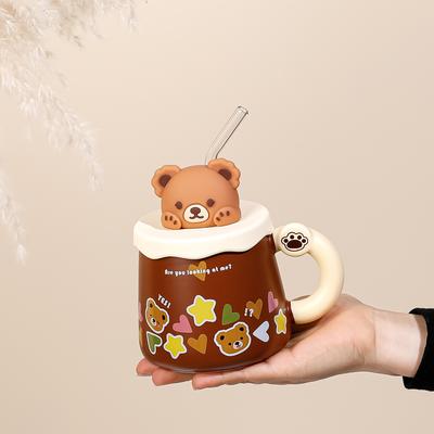 Keramiktasse Süß mit Deckel Frühstück Kreative Kaffeetasse Zuhause Büro Mädchen Paar Wasserbecher Strohbecher