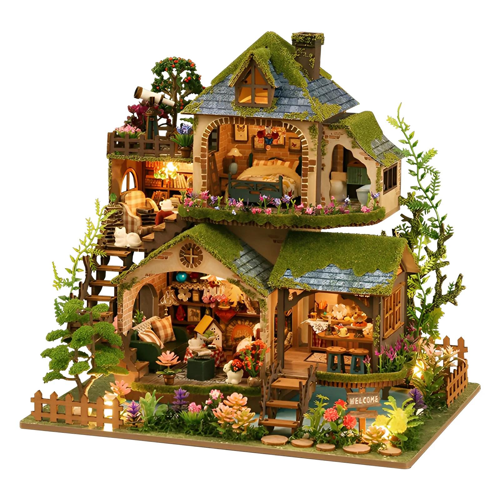 Wood DIY Miniature House Kit Built in LED Light Handmade DIY Dollhouse Miniature Model Mini House Model Building Decor Kid Gifts
