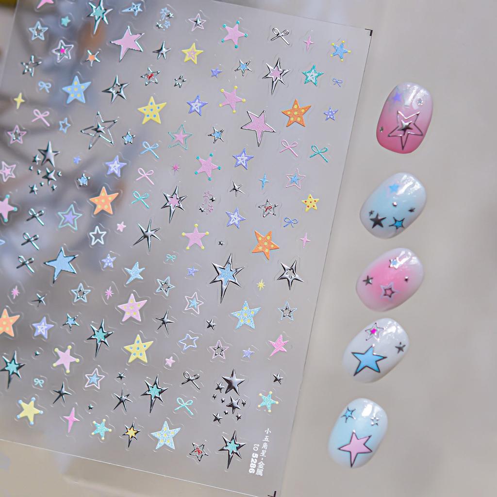 5D Bronzing Laser Pentagram Nails Sticker 3D Metallic Effect Exquisite Colorful Star Self Adhesive Nail Art Stickers Decals DIY