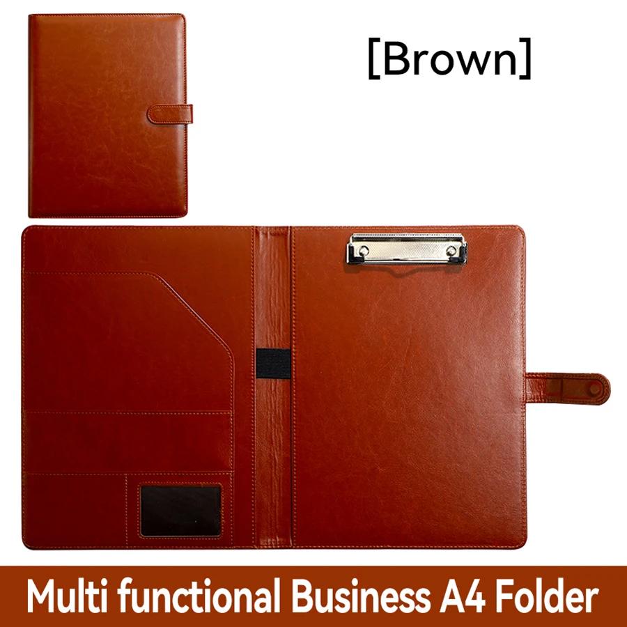 

1Pc Texture PU Leather Multi-Functional Folder A4 Clip Pen Holder Card Slots - Business Office Meeting Organizer for Bank/Sales шоколадний