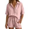 Conjunto de Verano de Algodón para Mujer, Top Holgado de Manga Corta con Botones y Cuello en V con Pantalones Cortos de Cintura Alta, Conjunto de 2 Piezas, Transpirable, Verano, Casual, Playa, Viaje