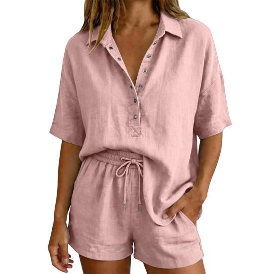 Conjunto de Verano de Algodón para Mujer, Top Holgado de Manga Corta con Botones y Cuello en V con Pantalones Cortos de Cintura Alta, Conjunto de 2 Piezas, Transpirable, Verano, Casual, Playa, Viaje
