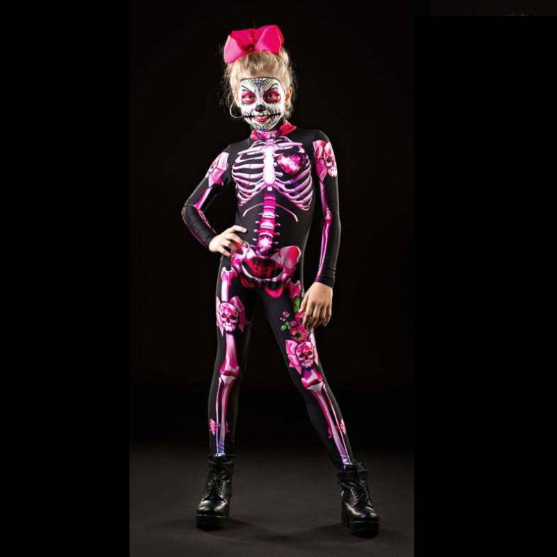 

Детский Женский Костюм на Хэллоуин Скелет Косплей Боди Скинни Комбинезон Костюм Pink-child,120