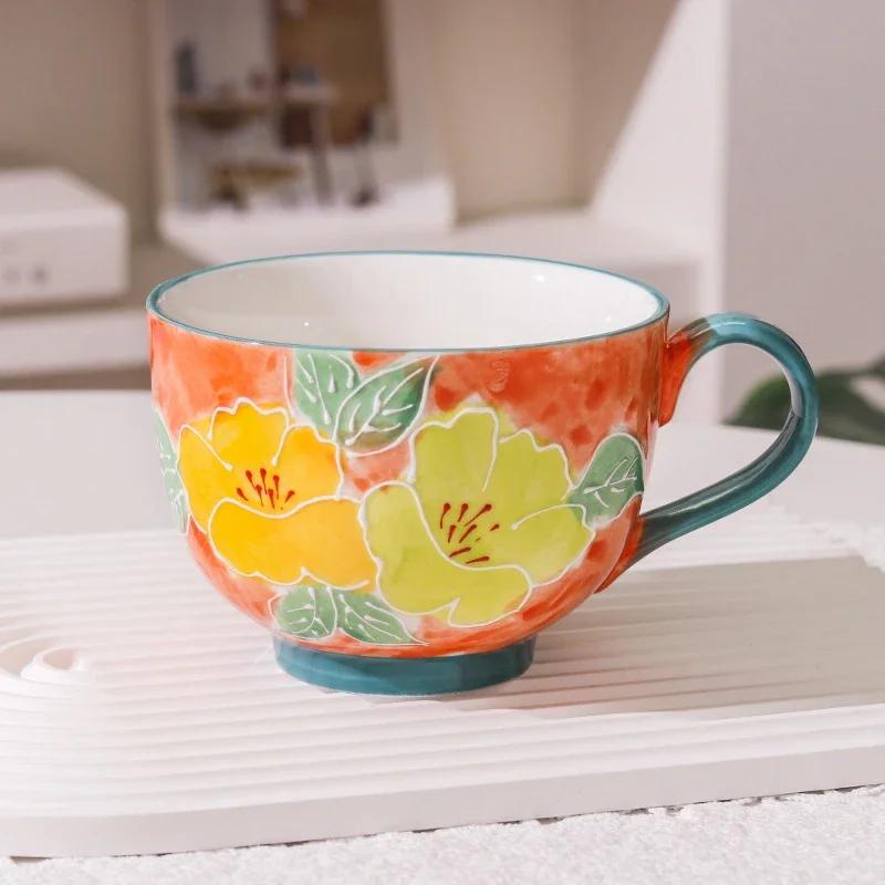 500ml Ceramic Cup Handmade Glyptic Breakfast Bowl Large Capacity Water Cup for Office Porcelain Coffee Mug for Afternoon Tea