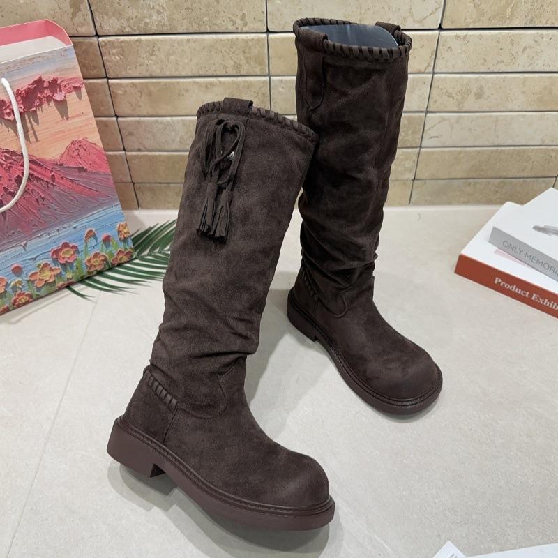 Retro thick-soled stacking boots brown Maillard boots children's new summer and autumn western cowboy tall knight boots