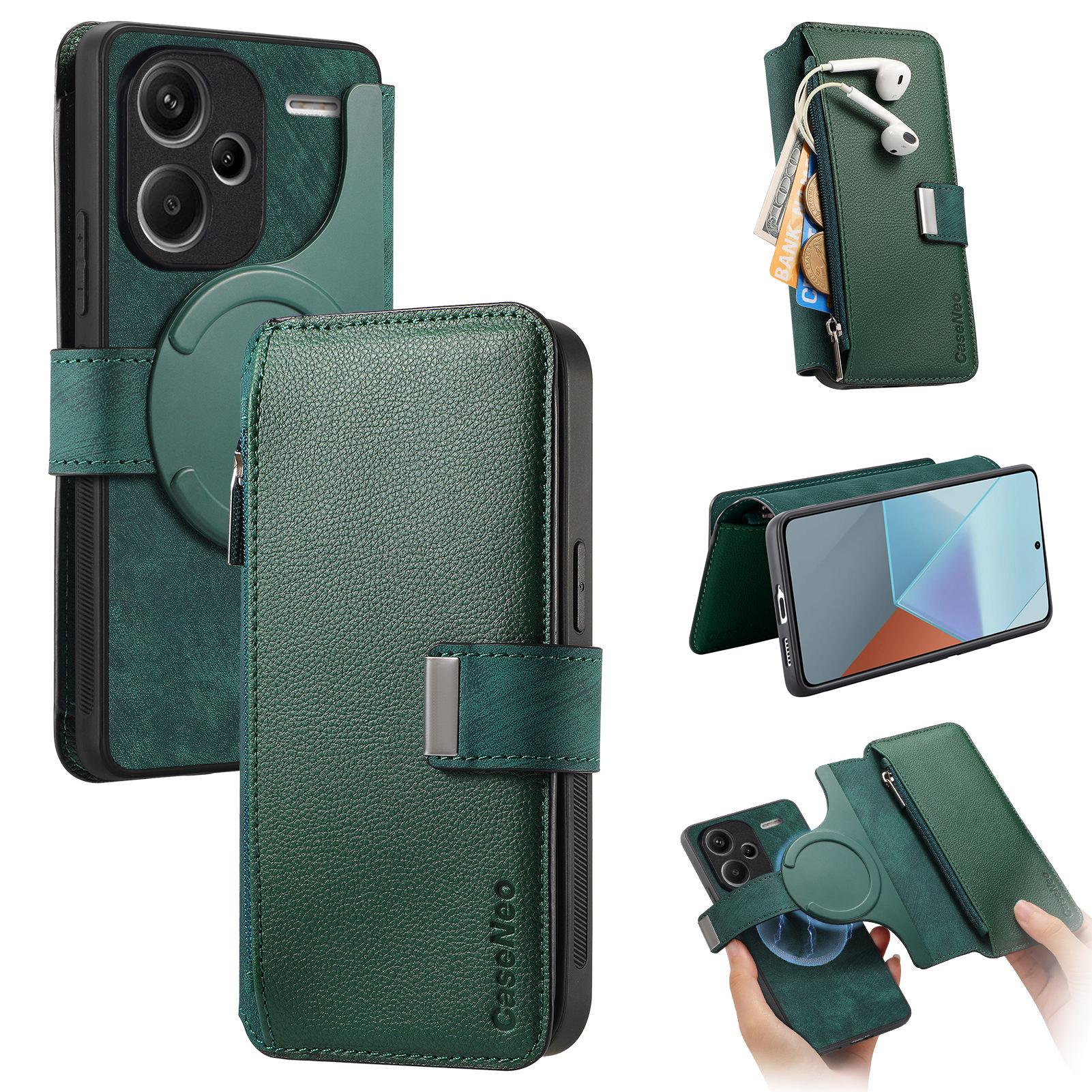 

CASENEO MW-02 For Xiaomi Redmi Note 13 Pro+ 5G Case Magnetic Detachable Zipper Leather Cover Green