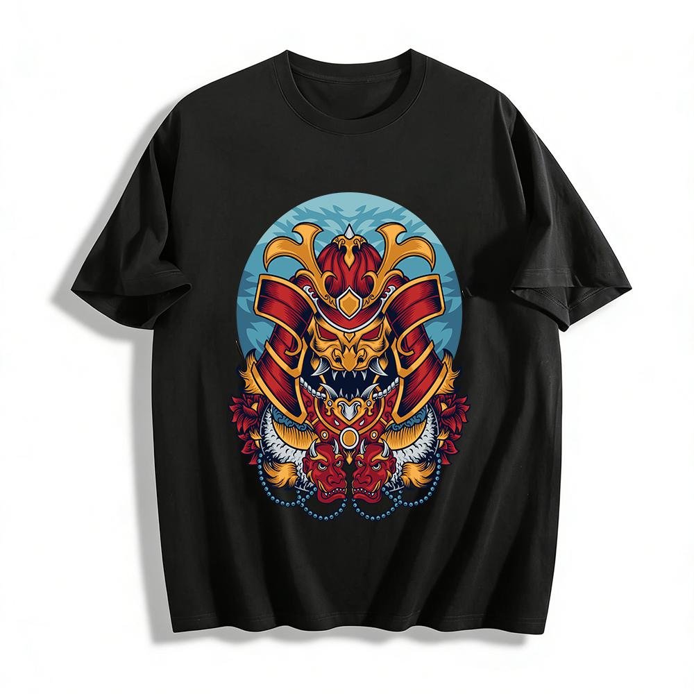 Japanese Oni Samurai Print Tee Retro Dark Style Trendy Top Pure cotton T-shirt XXS